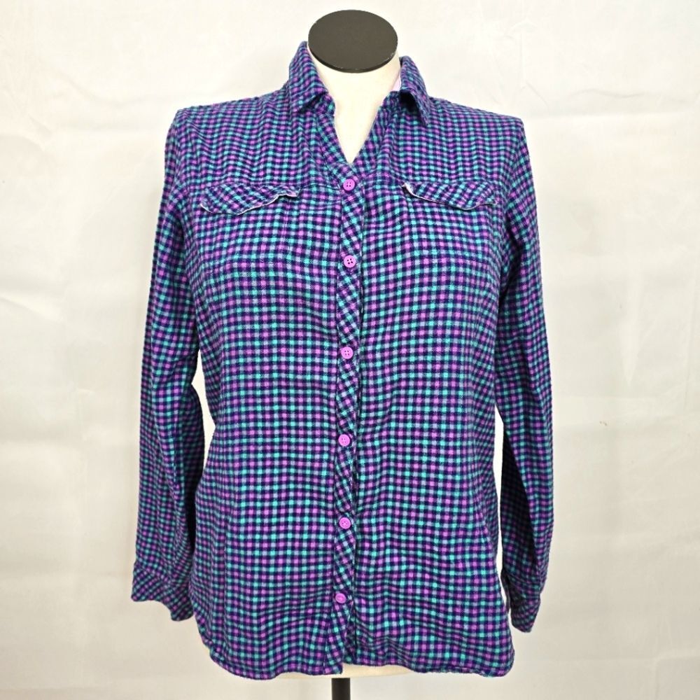 3/$25 Columbia Purple Green Long Sleeve Plaid Flannel Button Down Shirt Sz XL